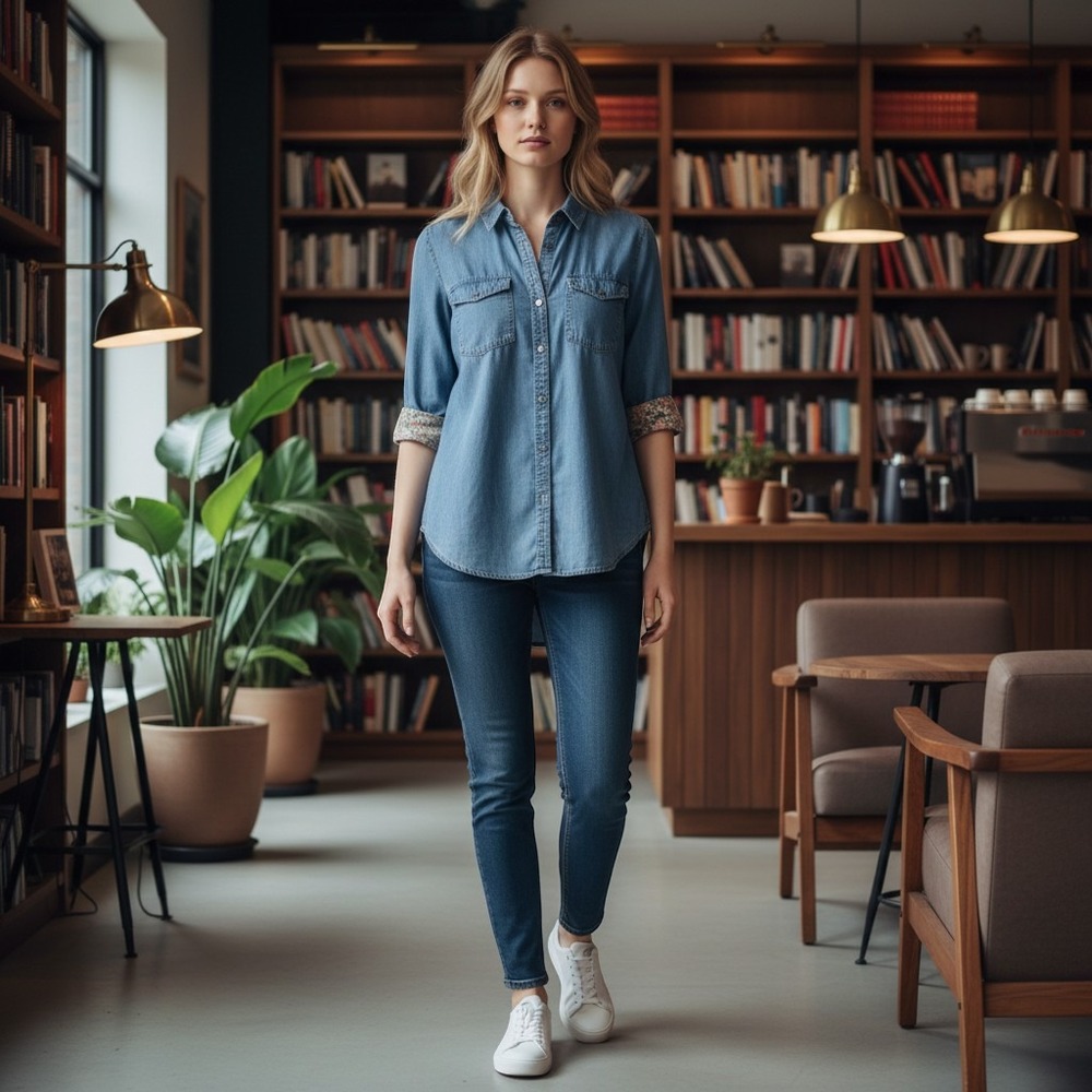 Pilcro and the Letterpress Anthropologie Denim Button Down Floral Cuff Shirt S